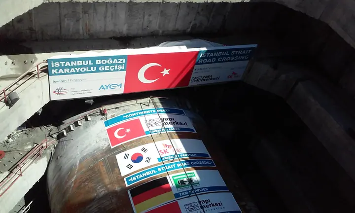 Proje alanı marka panoları — Tünel projesi alanında kullanılan bayrak ve firma logolu panolar.