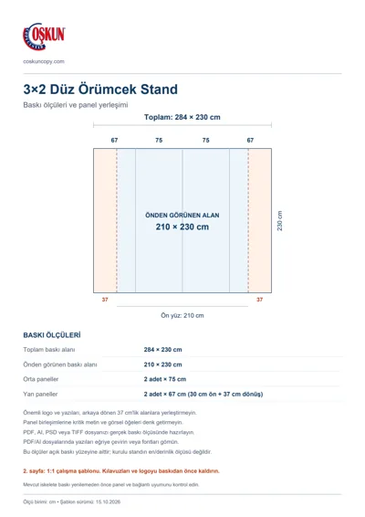 Coşkun Copy Center logolu 3×2 Düz Örümcek Stand baskı şablonu: toplam 284 × 230 cm; görünen 210 × 230 cm