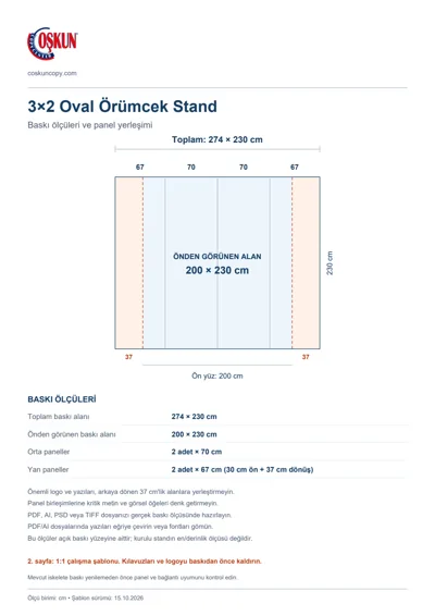 Coşkun Copy Center logolu 3×2 Oval Örümcek Stand baskı şablonu: toplam 274 × 230 cm; görünen 200 × 230 cm