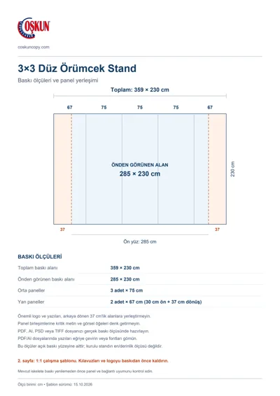 Coşkun Copy Center logolu 3×3 Düz Örümcek Stand baskı şablonu: toplam 359 × 230 cm; görünen 285 × 230 cm