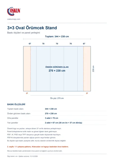 Coşkun Copy Center logolu 3×3 Oval Örümcek Stand baskı şablonu: toplam 344 × 230 cm; görünen 270 × 230 cm