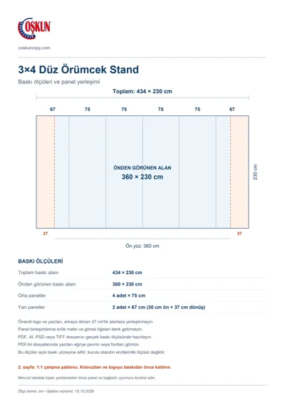Coşkun Copy Center logolu 3×4 Düz Örümcek Stand baskı şablonu: toplam 434 × 230 cm; görünen 360 × 230 cm
