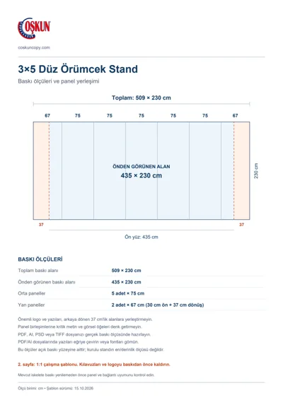 Coşkun Copy Center logolu 3×5 Düz Örümcek Stand baskı şablonu: toplam 509 × 230 cm; görünen 435 × 230 cm