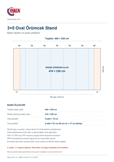 Coşkun Copy Center logolu 3×5 Oval Örümcek Stand baskı şablonu: toplam 484 × 230 cm; görünen 410 × 230 cm